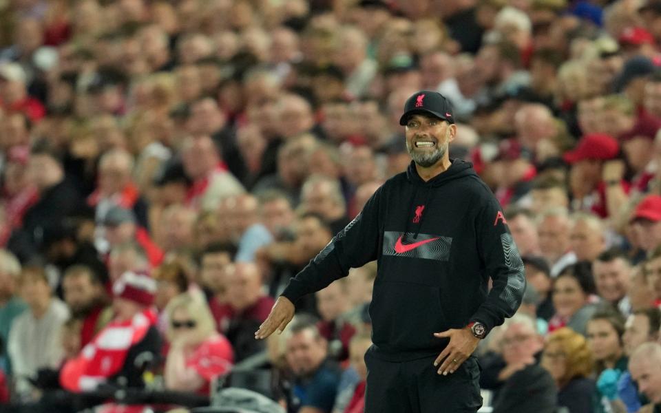  Liverpool's manager Jurgen Klopp gives instructions from the side line during the English Premier League soccer match between Liverpool and Crystal Palace at Anfield stadium in Liverpool - AP