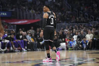 Los Angeles Clippers guard Russell Westbrook walks down court during the first half of an NBA basketball game against the Sacramento Kings Friday, Feb. 24, 2023, in Los Angeles. (AP Photo/Mark J. Terrill)