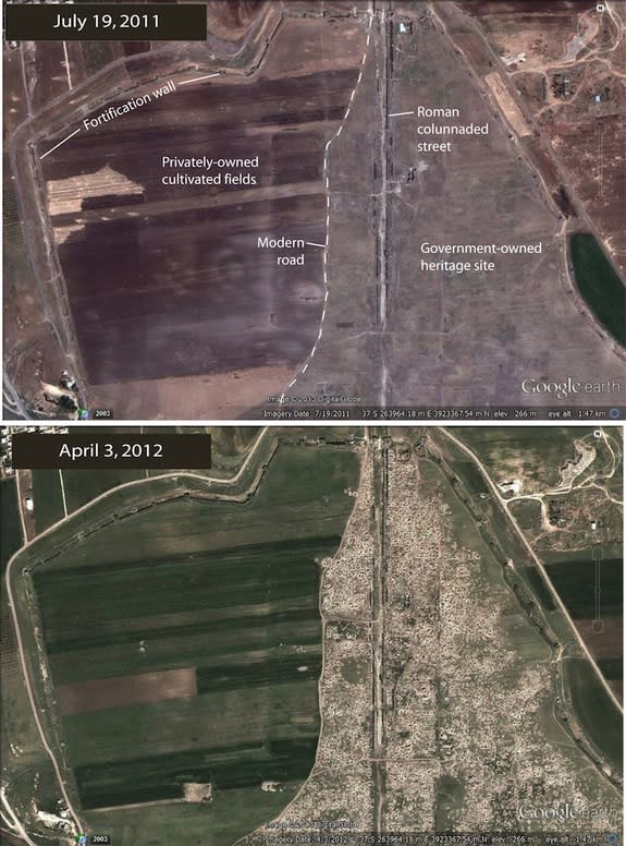 This powerful comparison shows how much looting has intensified at even popular tourist sites like Apamea, which is now scarred with thousands of trenches carved by treasure hunters.
