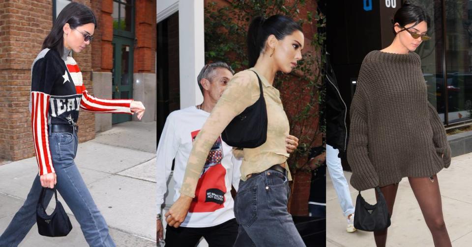 Kendall Jenner wears a Prada Tessuto mini hobo bag. (Photos: Getty Images)