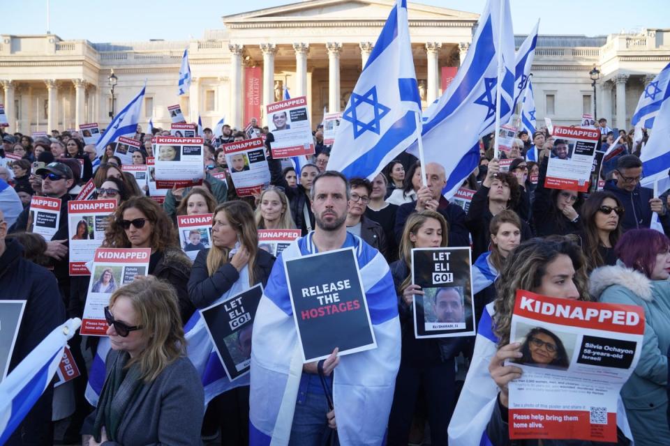 Members of the Jewish community attend a Solidarity Rally in Trafalgar Square (Lucy North/PA) (PA Wire)