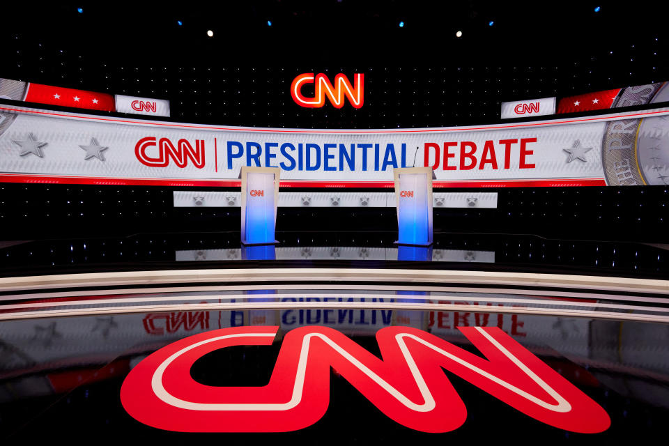 The stage for the first 2024 debate between U.S. President Joe Biden and former U.S. President and Republican presidential candidate Donald Trump in Atlanta, Georgia, U.S., June 26, 2024, in this handout image. John Nowak/CNN/Handout via REUTERS/File Photo