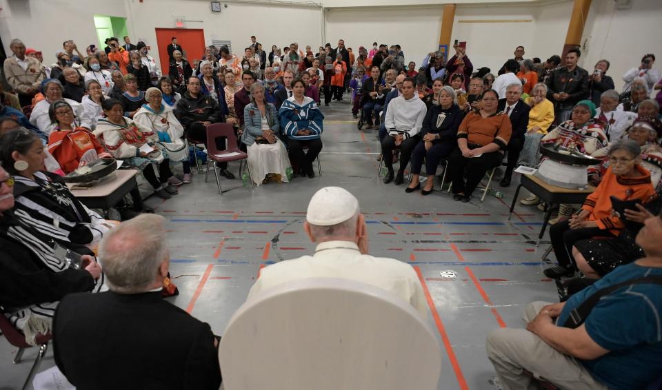 Pope Francis meets with residential school alumni at Nakasuk Elementary School Square in Iqaluit, Nunavut, Canada, on July 29, 2022.