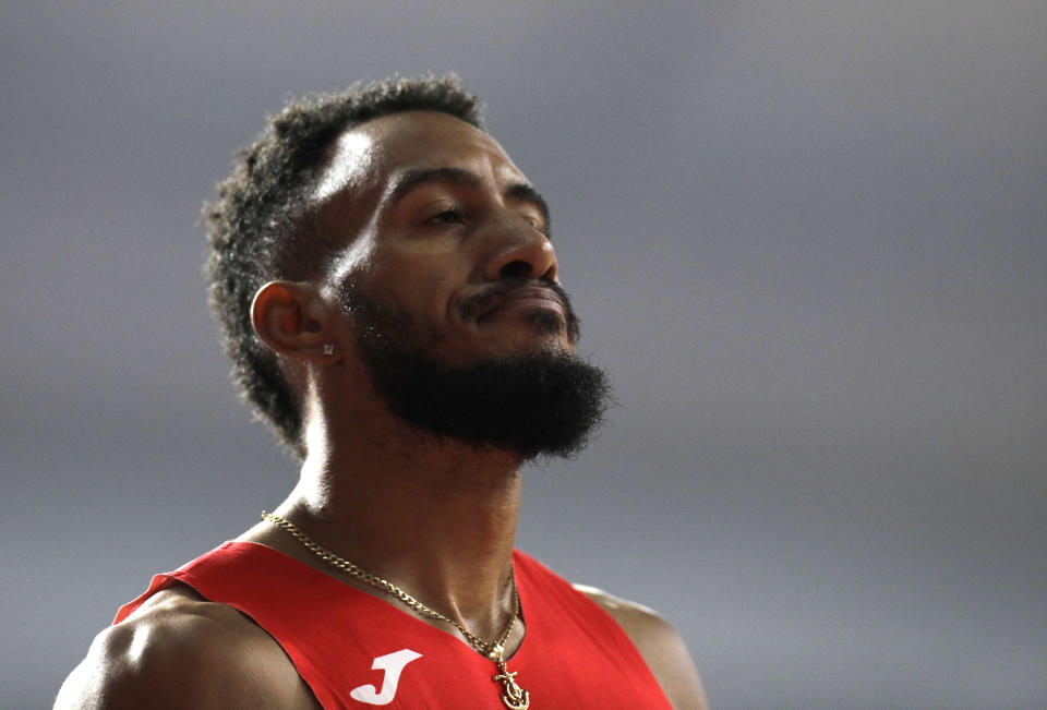 Orlando Ortega of Spain reacts after the men's 110 meter hurdles final at the World Athletics Championships in Doha, Qatar, Wednesday, Oct. 2, 2019. (AP Photo/Petr David Josek)