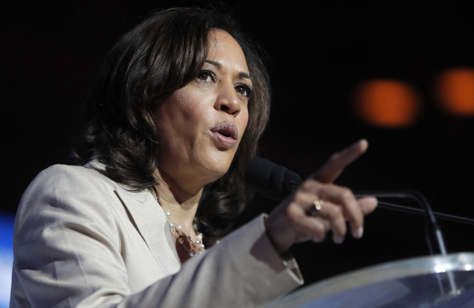 Democratic presidential candidate, Sen. Kamala Harris, D-Calif., speaks at the 25th Essence Festival in New Orleans, Saturday, July 6, 2019. (AP Photo/Gerald Herbert)