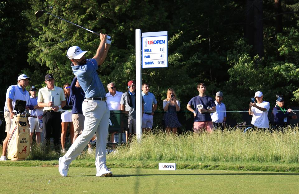 Adam Hadwin plays his shot from the 15th tee during Thursday's first round of the U.S. Open at The Country Club in Brookline, Mass.