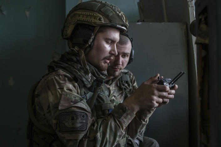 Ukrainian soldiers remotely operate a drone, searching for Russian troops' positions, during heavy fighting on the front line in Severodonetsk, Luhansk region, Ukraine, June 8, 2022. / Credit: Oleksandr Ratushniak / AP