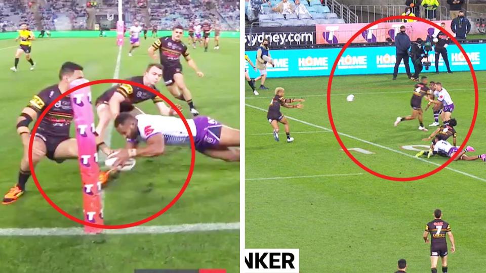 The Melbourne Storm were awarded a penalty try (pictured left) after a Penrith player used his foot and and Penrith denied for obstruction (pictured right.