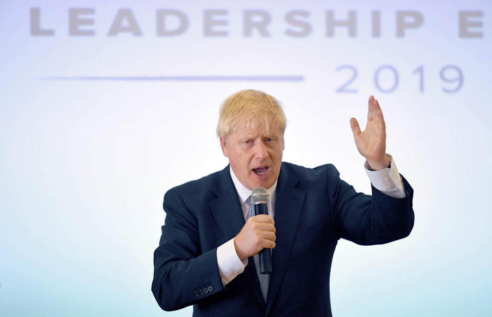 Conservative party leadership contender Boris Johnson addresses party members at the Oaktree Arena in Highbridge, Somerset.