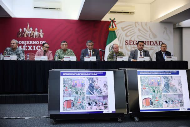 PHOTO: Images of the place where 4 American citizens were found are shown in screens during a press conference to give details after two American citizens were found dead in Matamoros, Tamaulipas, on March 07, 2023 in Mexico City. (Hector Vivas/Getty Images)