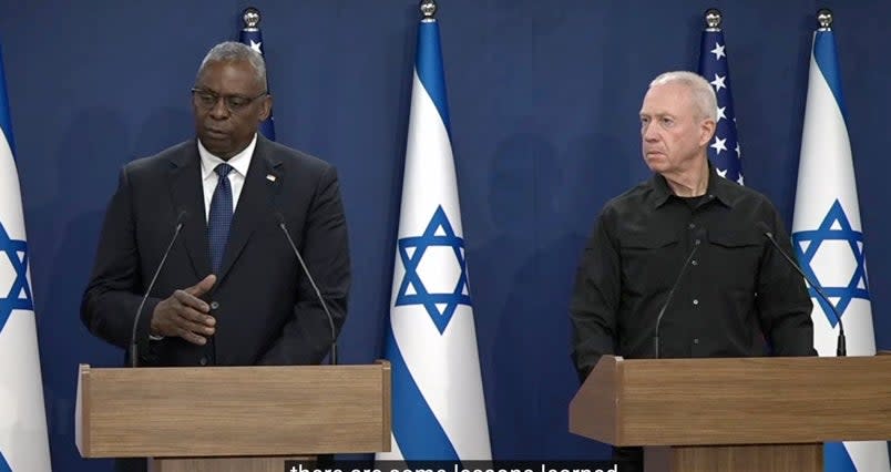 Lloyd Austin and Benjamin Netanyahou hold joint press conference (The Independent/Reuters)