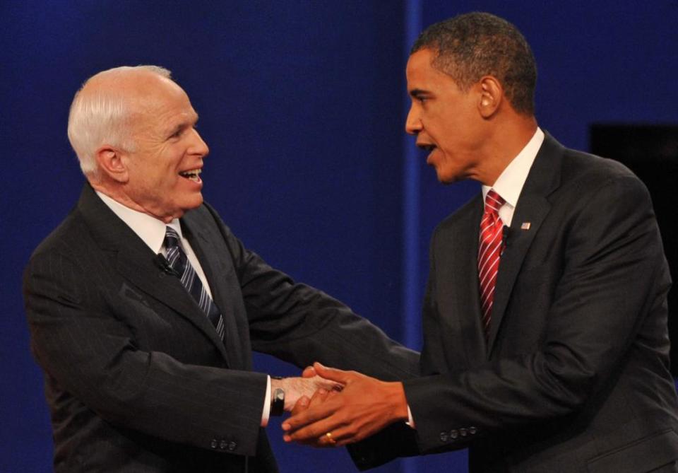 McCain and Barack Obama greet each other at the end of their third and final presidential debate in Hempstead, New York in 2008