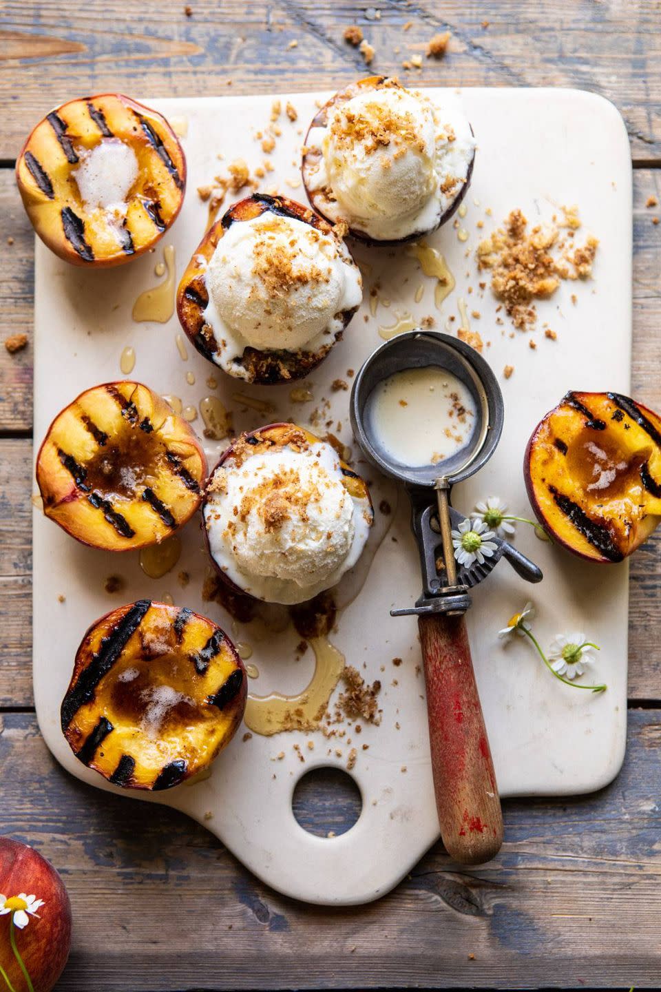 Browned Butter Grilled Peaches with Cinnamon “Toast” Brioche Crumbs