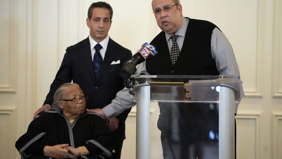 Sam Lemon, right, speaks during a news conference with Susie Williams Carter, center, and lawyer Michael Pomerantz, Monday, May 20, 2024, in Philadelphia. - Matt Slocum/AP