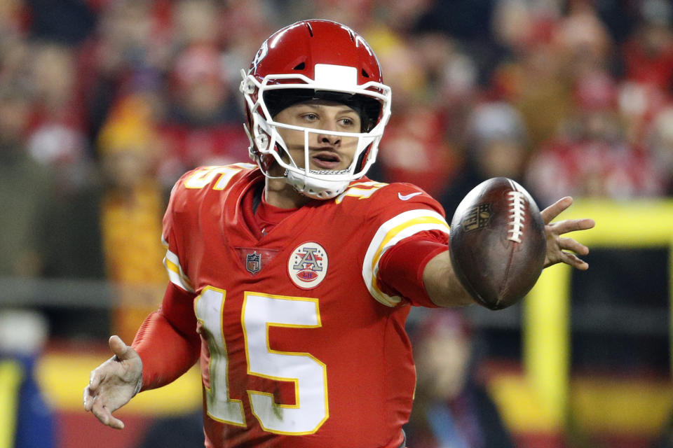 FILE - In this Dec. 13, 2018 file photo Kansas City Chiefs quarterback Patrick Mahomes (15) flips the ball during the first half of an NFL football game against the Los Angeles Chargers in Kansas City, Mo. Mahomes is one of 29 first-time Pro Bowlers expected to play the game on Jan. 27 in Orlando. (AP Photo/Charlie Riedel, file)