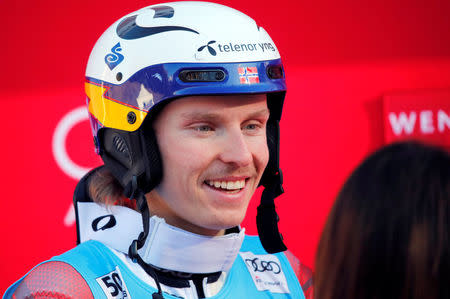 Alpine Skiing - FIS Alpine Skiing World Cup - Men's Slalom - Wengen, Switzerland - January 14, 2018 - Henrik Kristoffersen of Norway during the podium ceremony. Picture taken January 14, 2018. REUTERS/Denis Balibouse