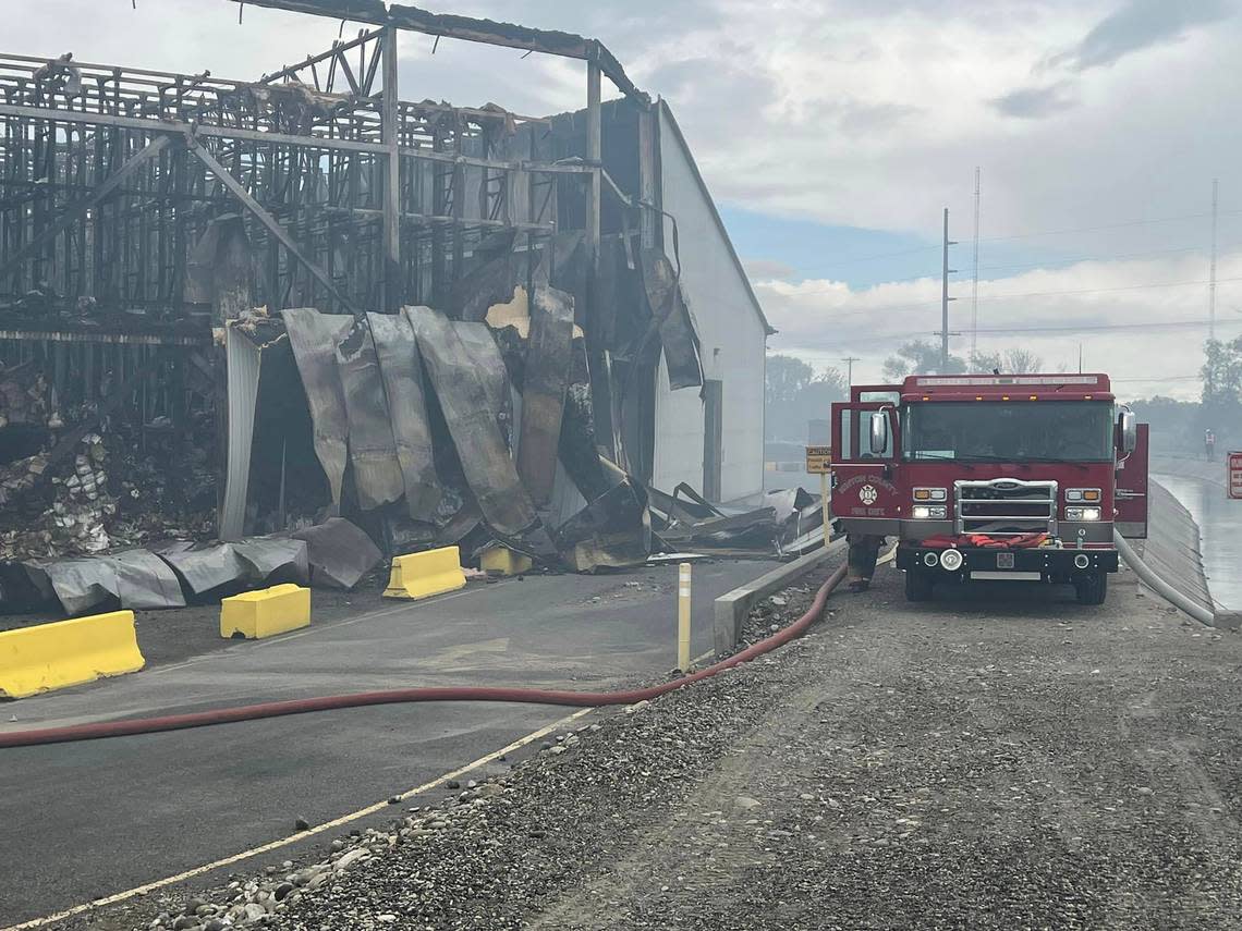 What remains of the Lineage Logistics cold storage warehouse in Finley as a fire that started April 21 continues to burn.