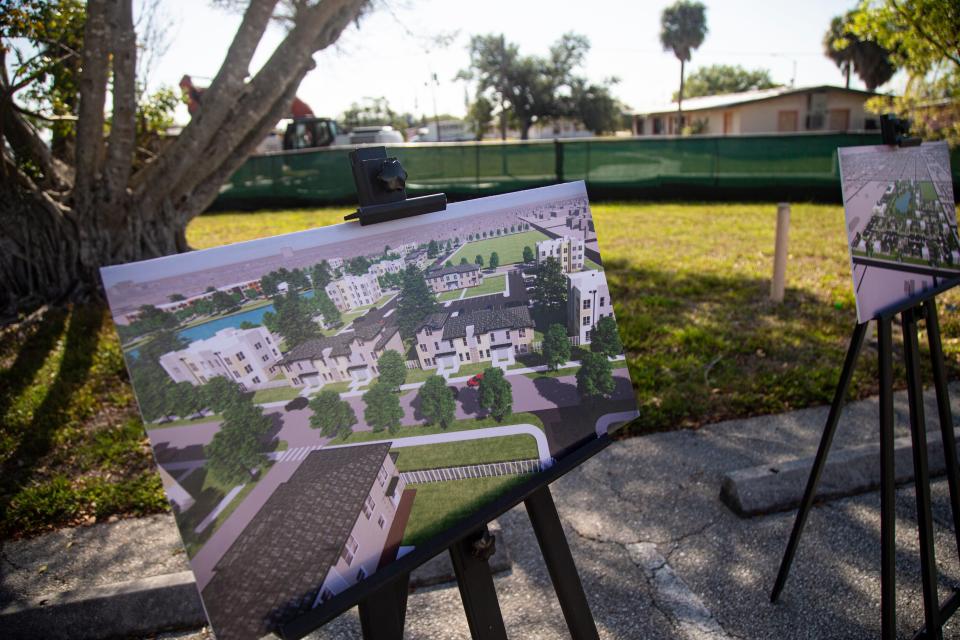 A rendering of new housing at Southward Village is displayed on Wednesday, May 1, 2024. The decades old Southward Village which is run by the Housing Authority of the City of Fort Myers is getting torn down to make way for new housing that is part of the Greater Dunbar Initiative.