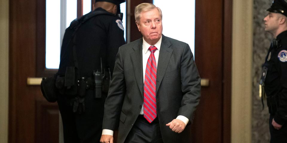 Sen. Lindsey Graham, R-S.C., arrives on Capitol Hill, Monday, Feb. 3, 2020 in Washington. (AP Photo/Alex Brandon)