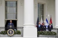 FILE - In this Tuesday, Sept. 15, 2020 file photo, President Donald Trump speaks during the Abraham Accords signing ceremony on the South Lawn of the White House in Washington, accompanied by Israeli Prime Minister Benjamin Netanyahu, United Arab Emirates Foreign Minister Abdullah bin Zayed al-Nahyan and Bahrain Foreign Minister Khalid bin Ahmed Al Khalifa. Jewish American voters have leaned Democratic for decades, but the GOP is still eyeing modest gains with the constituency in states where President Donald Trump could reap major benefits with even small improvements over his performance in 2016. (AP Photo/Alex Brandon)