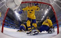 Ice Hockey - Pyeongchang 2018 Winter Olympics - Men's Quarterfinal Match - Sweden v Germany - Kwandong Hockey Centre, Gangneung, South Korea - February 21, 2018 - Par Lindholm of Sweden reacts after Marcel Noebels of Germany scored their second goal. REUTERS/Kim Kyung-Hoon