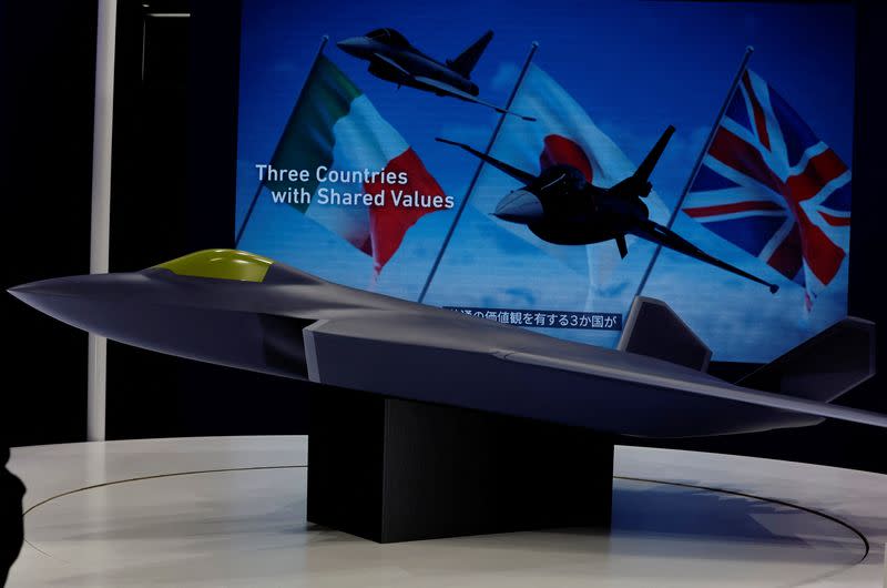 A concept model of the Global Combat Air Programme (GCAP)'s fighter jet is displayed at the DSEI Japan defense show at Makuhari Messe in Chiba