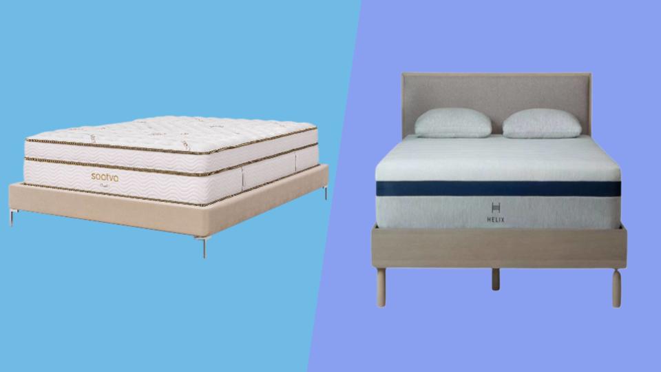  Saatva vs Helix mattress: image shows Saatva Classic on the left and the Helix Midnight on the right. 