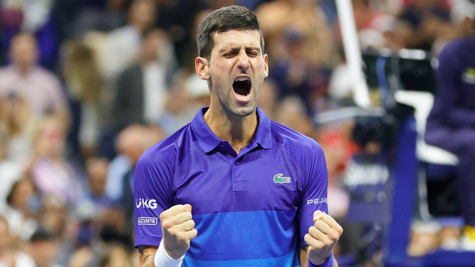 Pictured here, Novak Djokovic roars in delight after winning his US Open semi-final. 