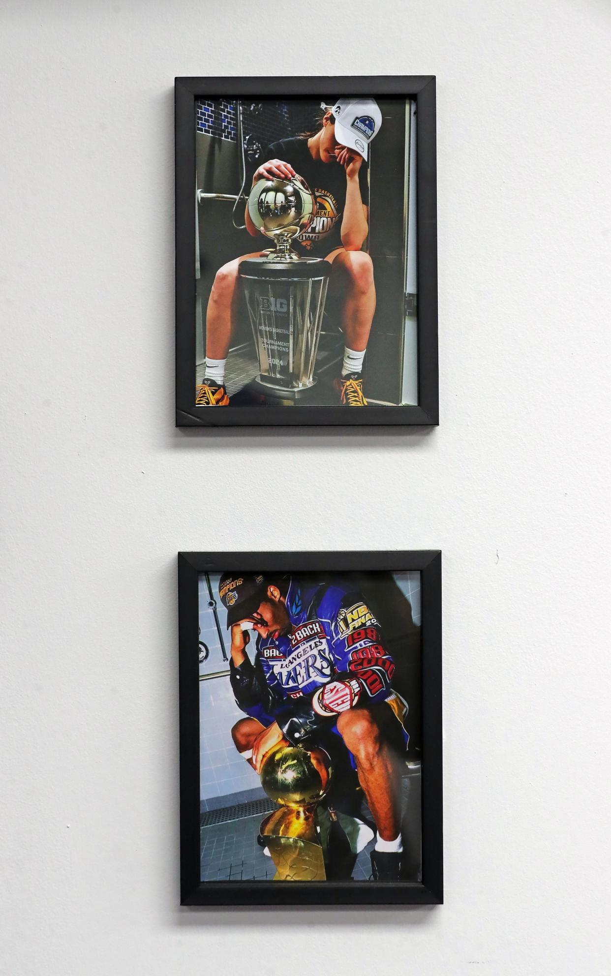 Ally Eclarin and Cassy Kopp said the goal was to display women's and men's sports equally at State Champs, like this photo of Caitlin Clark (top) recreating Kobe Bryant's photo with the Larry O'Brien Trophy.