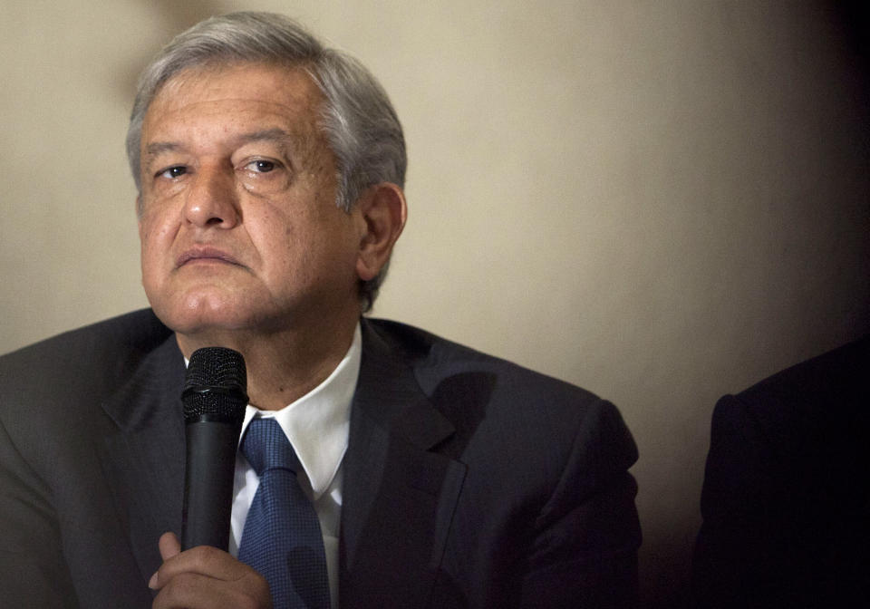 Andres Manuel Lopez Obrador, presidential candidate for the Democratic Revolution Party (PRD), attends a news conference in Mexico City, Friday, July 20, 2012. Lopez Obrador claims that winning candidate of Mexico’s presidential election, Enrique Pena Nieto engaged in overspending and vote buying. (AP Photo/Alexandre Meneghini)