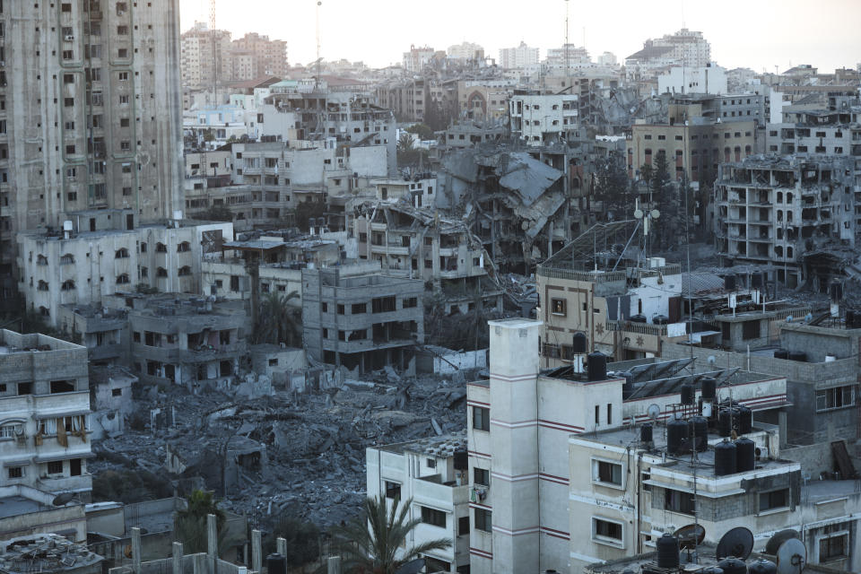 A view showing part of the destruction caused by the ongoing Israeli airstrikes on Gaza City, Thursday, Oct. 26, 2023. (AP Photo/Abed Khaled)