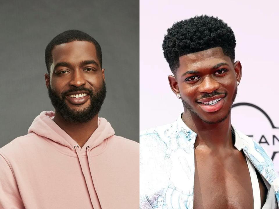 left: robert lamar stafford jr ina pink hookie, smiling; right: lil nas x in a shining low cut outfit, smiling