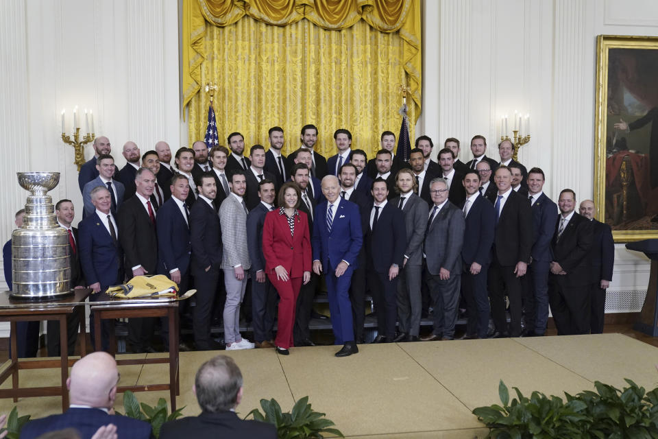 President Joe Biden stands for a photo during an event to celebrate the Vegas Golden Knights in their 2023 Stanley Cup victory in the East Room of the White House, Monday, Nov. 13, 2023, in Washington. Standing with the President and team is Sen. Catherine Cortez Mastro, D-Nev. (AP Photo/Andrew Harnik)