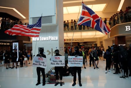 Anti-government protesters hold placards and wave flags during a demonstration at New Town Plaza shopping mall in Hong Kong