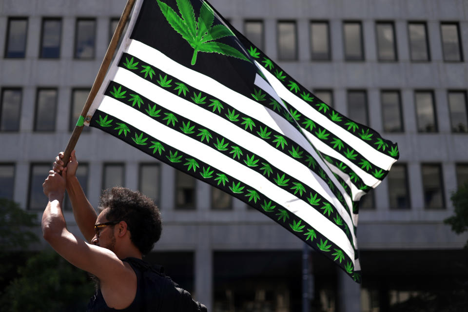 Image of a marijuana activist holding a flag during a march in Washington, D.C. on July 4, 2021.