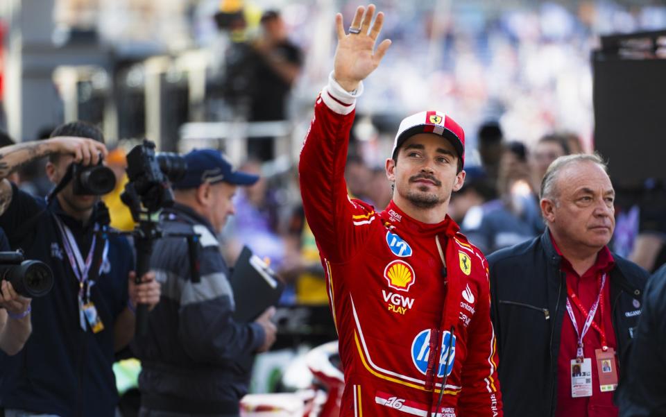 Charles Leclerc celebrates claiming Monaco pole