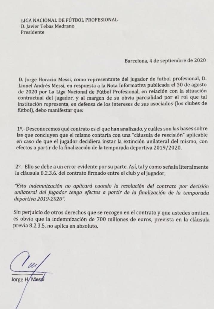 Letter sent by Jorge Messi to LaLiga