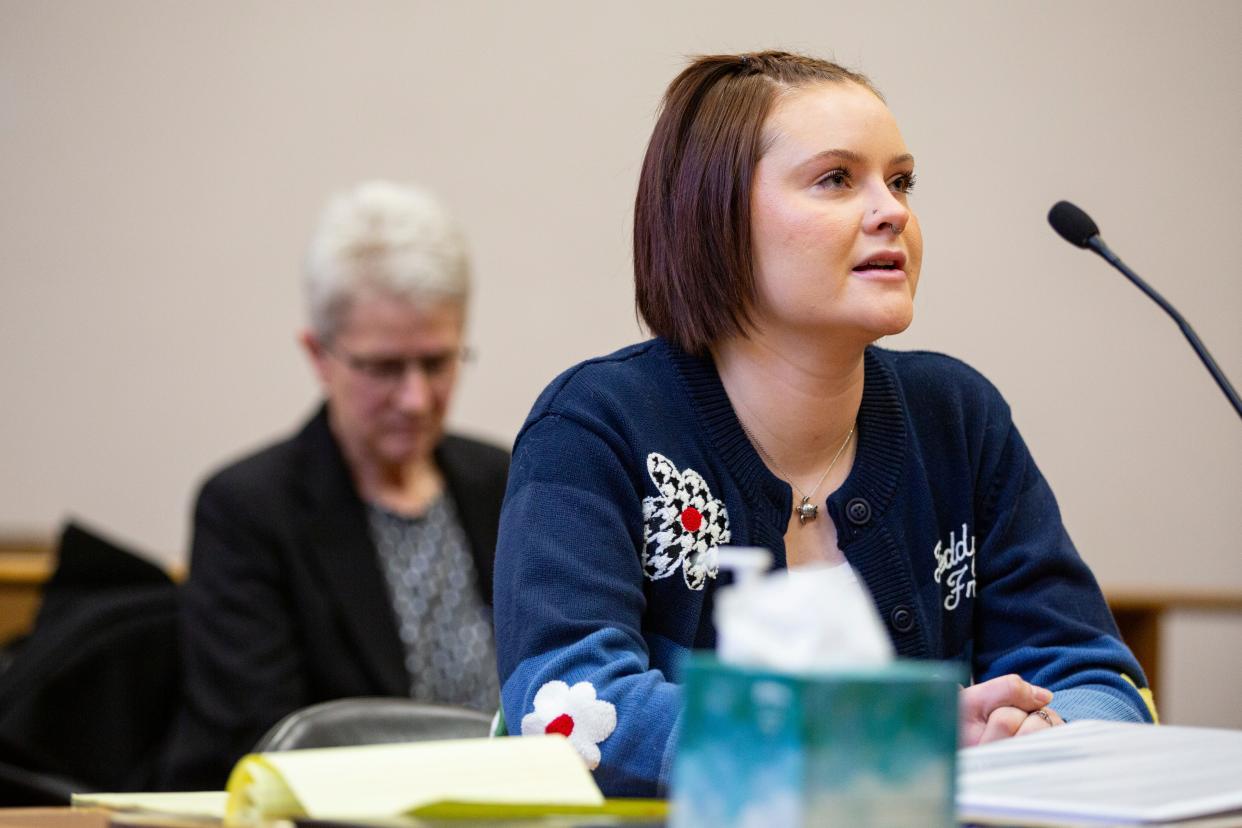 Ashley Rochetto speaks in court Friday about the day she was assaulted on the school grounds at Highland Elementary in Salem.