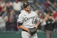 Chicago White Sox relief pitcher Jose Ruiz reacts after giving up a two-run home run in the seventh inning in the second baseball game of a doubleheader against the Cleveland Indians, Thursday, Sept. 23, 2021, in Cleveland. (AP Photo/Tony Dejak)