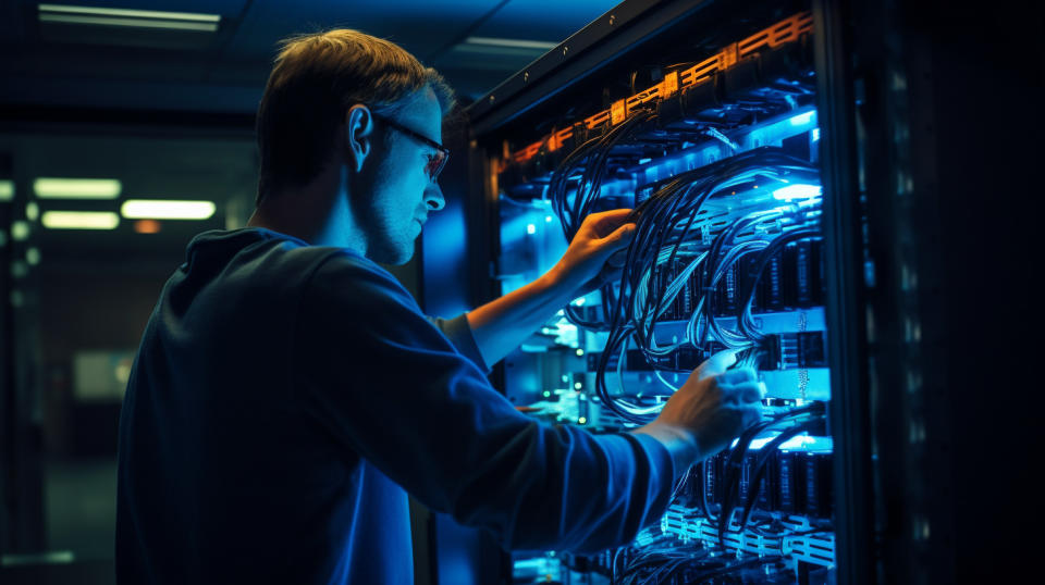 A close-up view of a technician installing a server in the data center facility, representing the reliable services provided by the company.