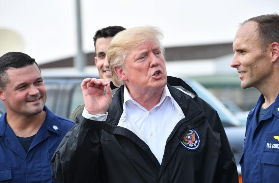 President Donald Trump speaks with military personnel on Saturday, Sep. 2, 2017, before departing for Louisiana to continue his&nbsp;tour of areas affected by Hurricane Harvey. (Photo: NICHOLAS KAMM/Getty Images)