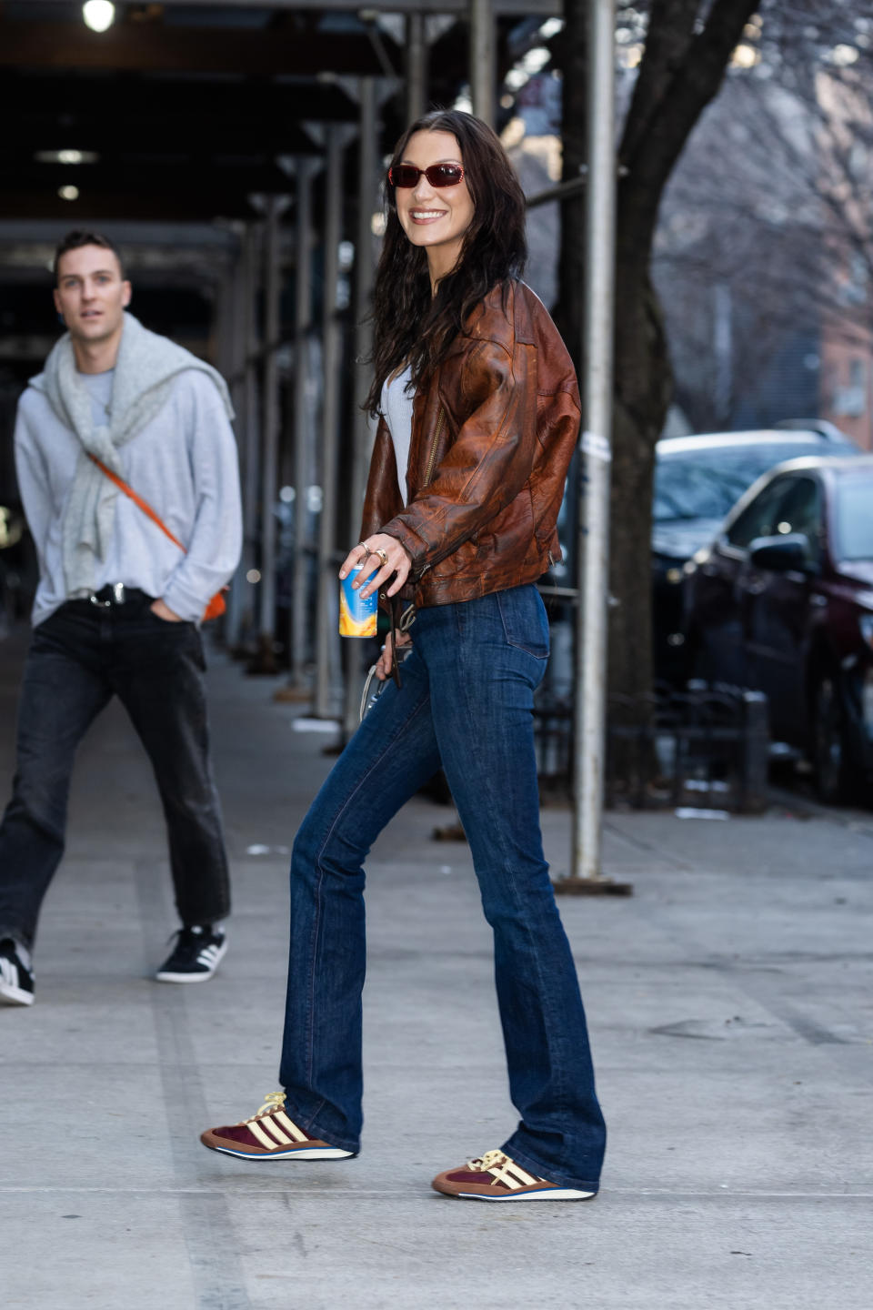 NEW YORK, NEW YORK - FEBRUARY 09: Bella Hadid visits the LES Girls Club wearing Adidas SL 72’s in the Lower East Side on February 09, 2024 in New York City. (Photo by Gotham/GC Images)