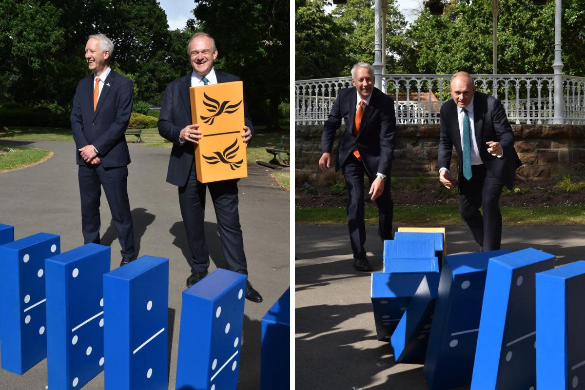 Sir Ed was in Vivary Park where he knocked down symbolic blue dominoes. <i>(Image: Lib Dems)</i>