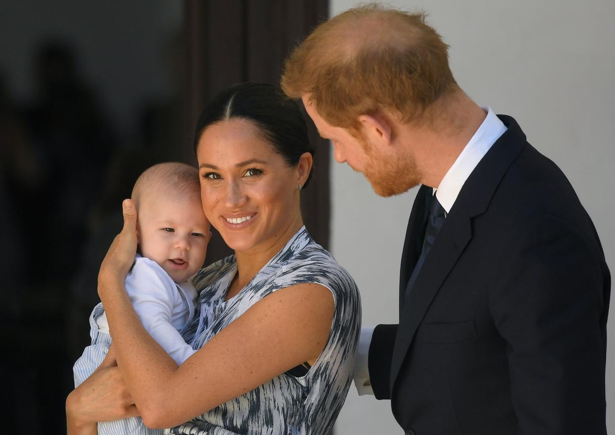 <p> Harry and Meghan, and their baby son Archie Mountbatten-Windsor at a meeting with Archbishop Desmond Tutu at the Desmond & Leah Tutu Legacy Foundation during their royal tour of South Africa on September 25, 2019 in Cape Town, South Africa. </p> ((Photo by Toby Melville - Pool/Getty Images))