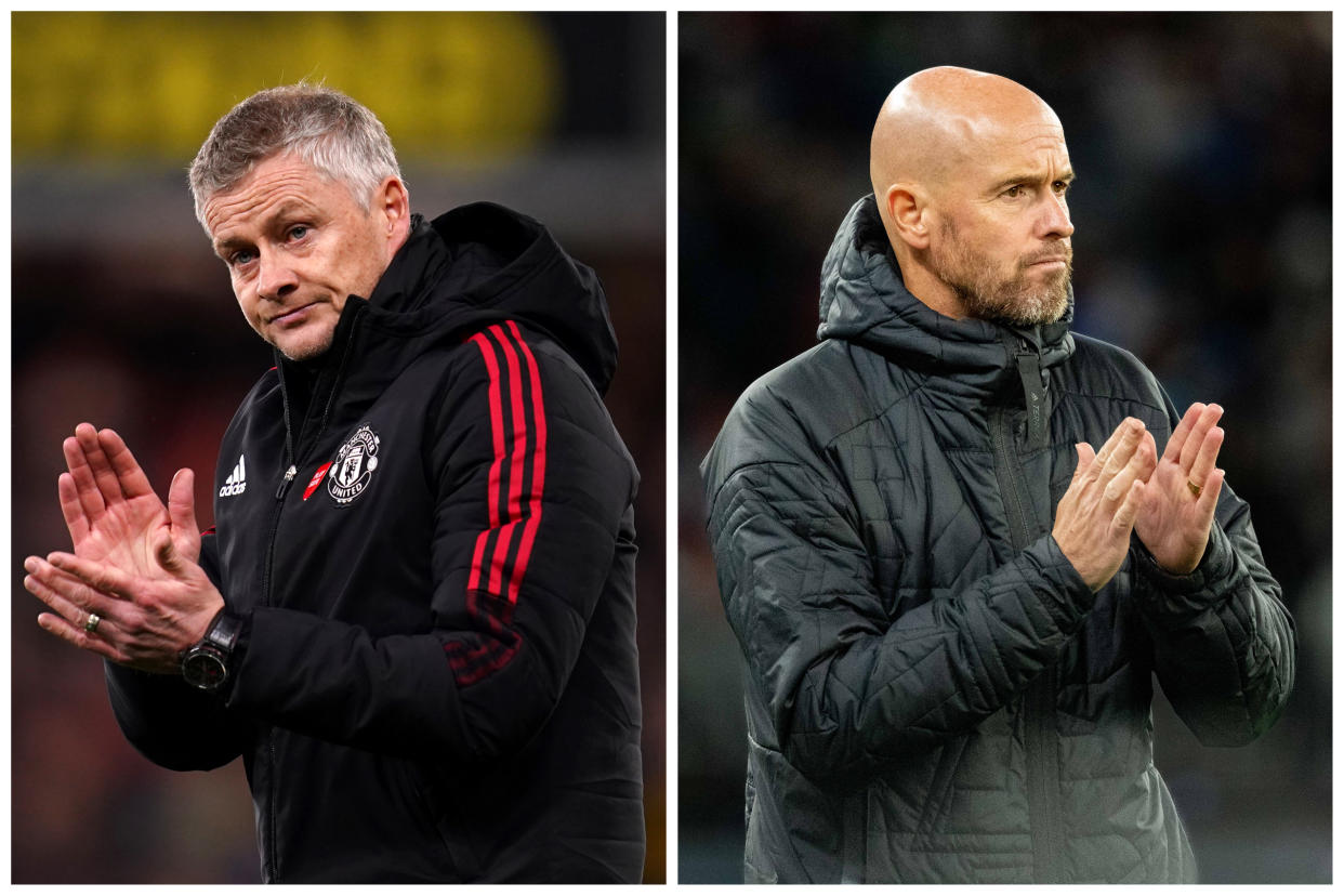 Former Manchester United manager Ole Gunnar Solskjaer (left) and current boss Erik ten Hag. (PHOTO: Getty Images)