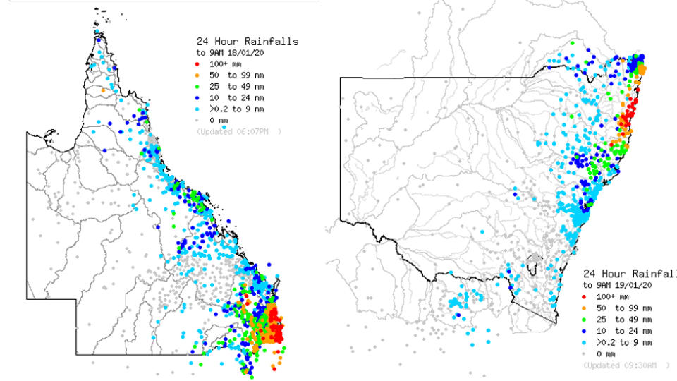 Rainfall expected over the next 24 hours in QLD (left) and NSW (right)