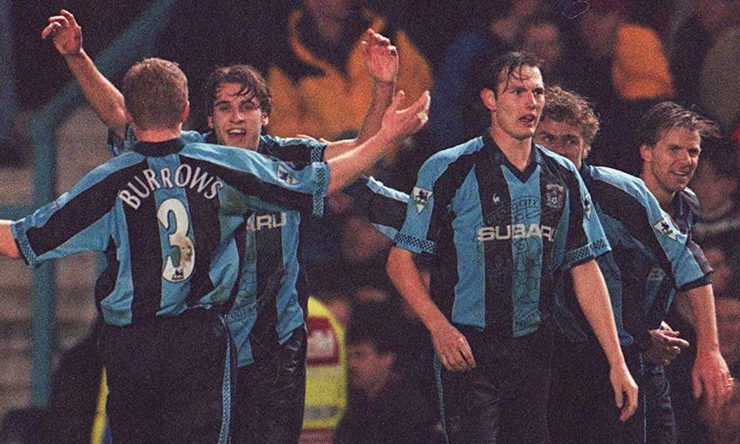 <span>Darren Huckerby celebrating with teammates as Coventry beat Manchester United in 1997 – their only Premier League triumph over Sir Alex Ferguson’s storied side.</span><span>Photograph: Ted Blackbrow/Daily Mail/Shutterstock</span>