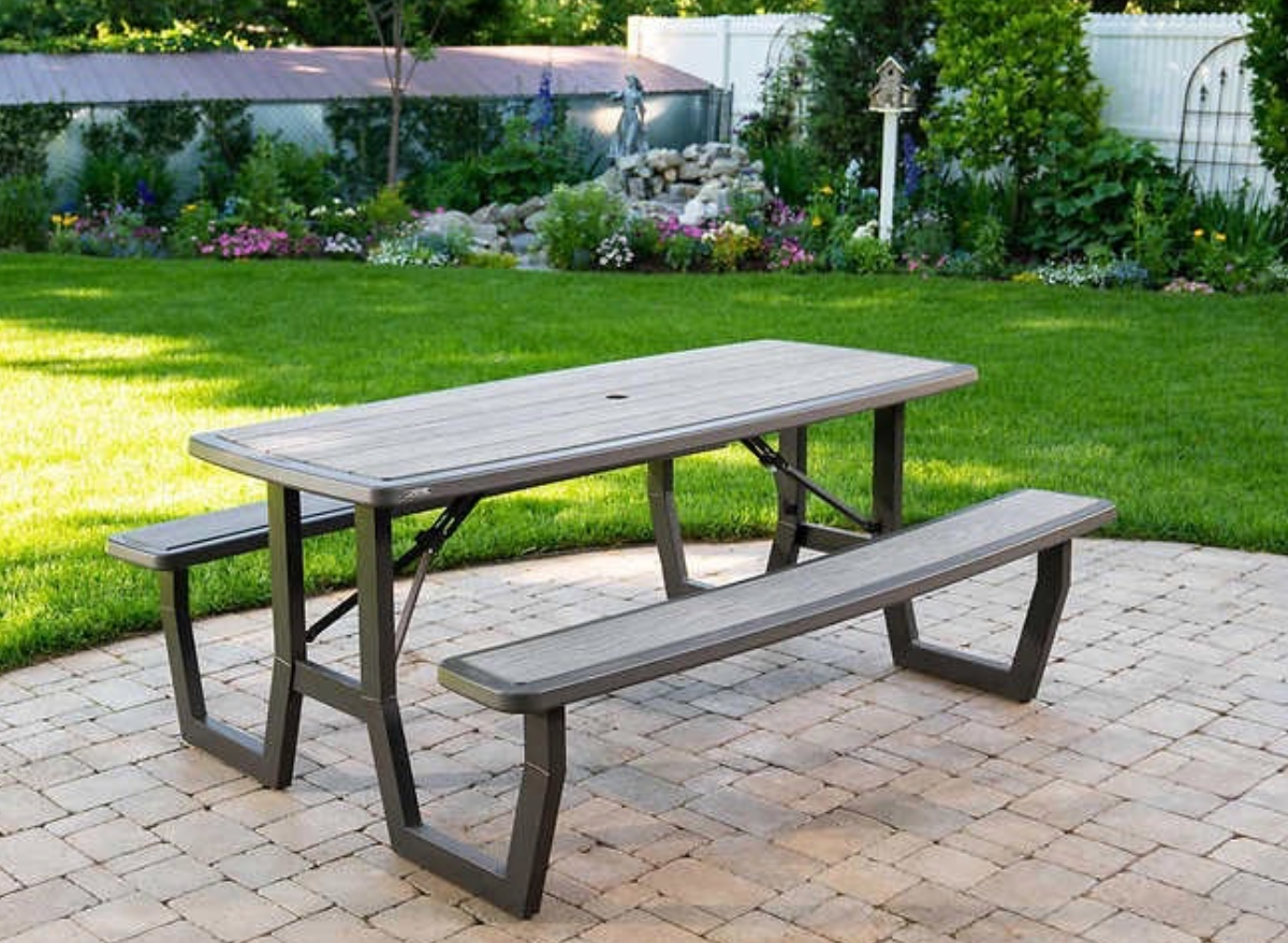 a picnic table in a park.