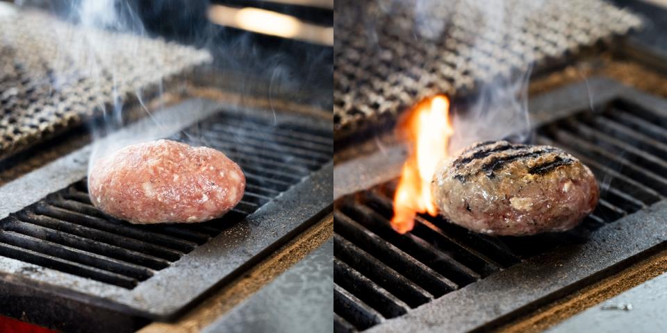 漢堡扒用小烤板烤至略為定型，就會轉做網烤，每件大約烤20分鐘