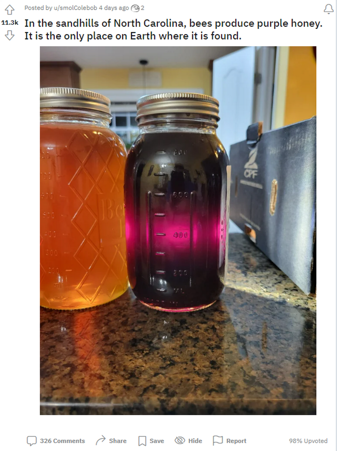 A screenshot of a viral Reddit post, published Sept. 10. It says, “In the sandhills of North Carolina, bees produce purple honey. It is the only place on Earth where it is found.” 